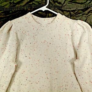 Womens Size L Cream Beige Sweater Eyelet Detail Puff Long Sleeve Crop Crewneck